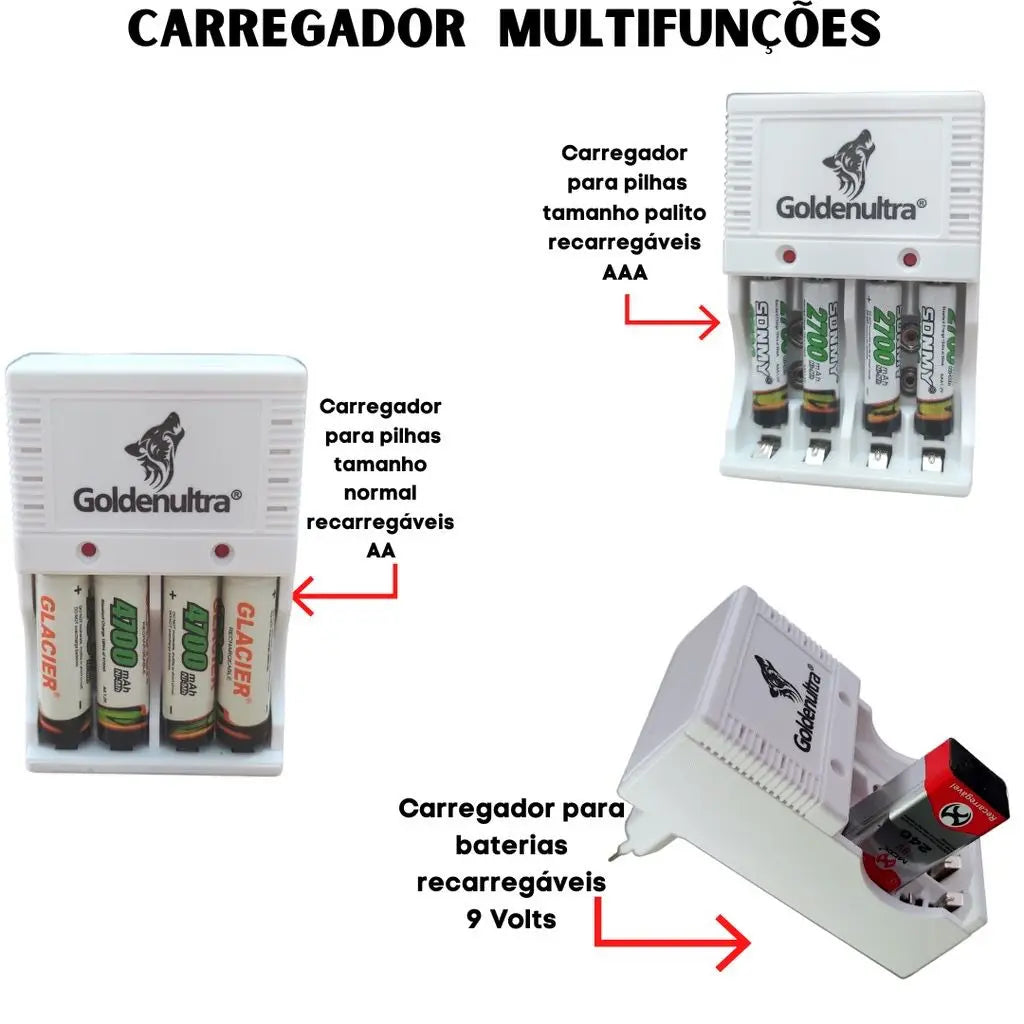 Kit COMBO Carregador De Pilha AA/AAA Recarregável Bivolts + 4 Pçs/Cartela Pilha AA Recarregável de 4700mAh