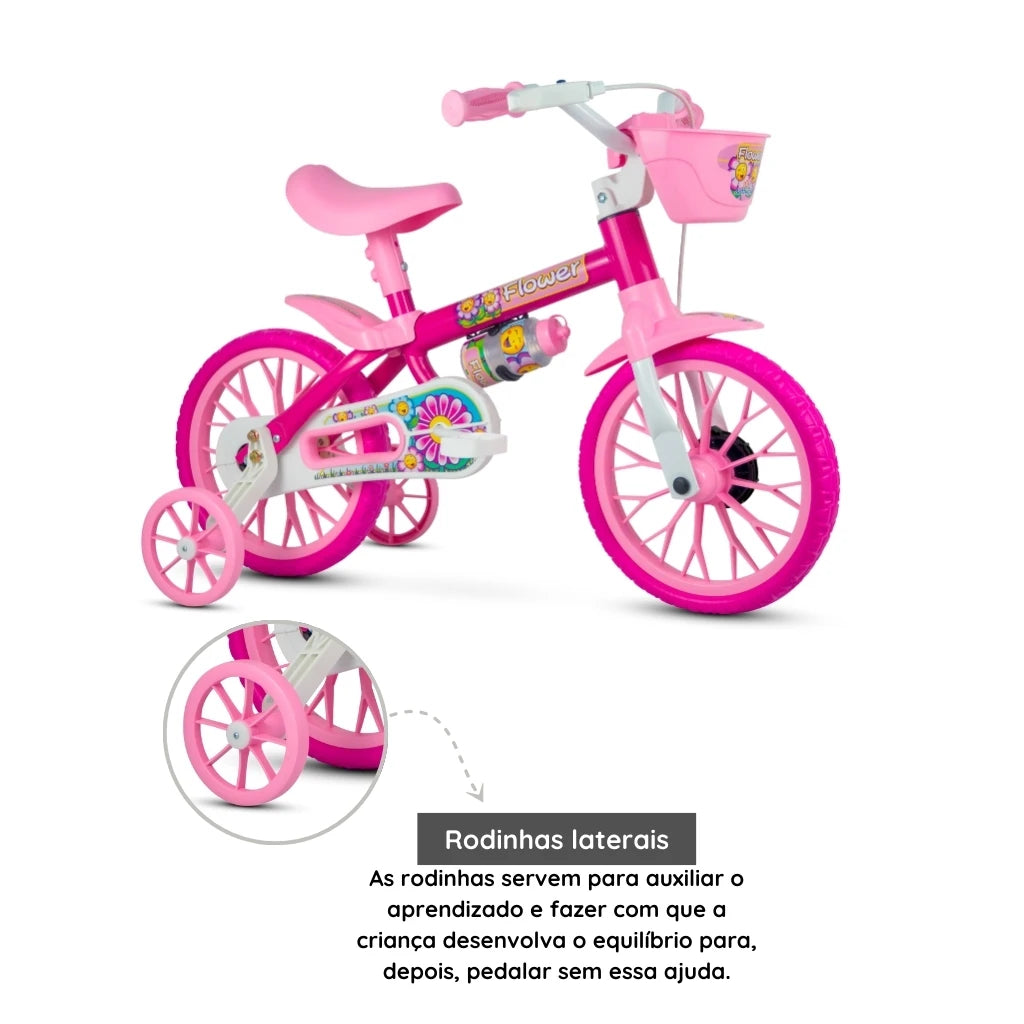 Bicicleta Infantil Nathor Flower Rosa Aro 12 – Com Cestinha e Garrafinha