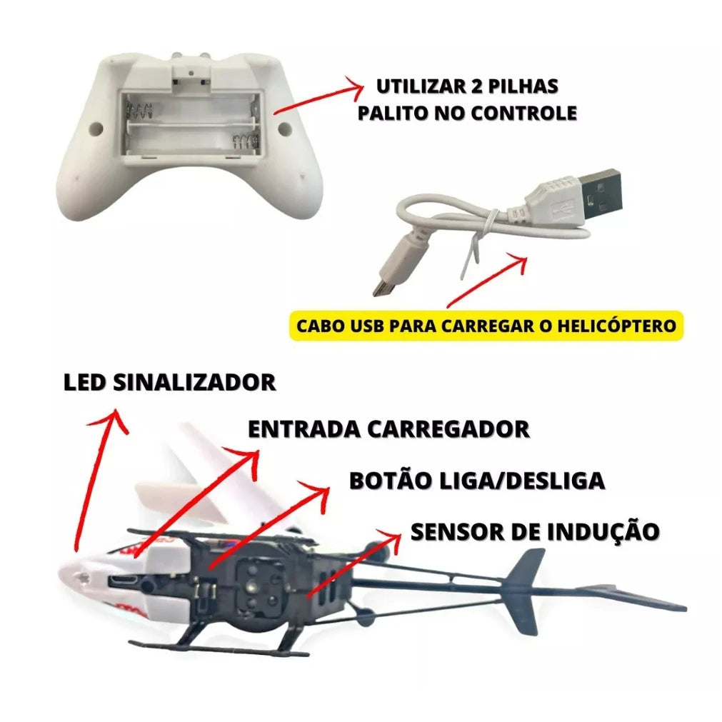 Helicóptero - USB Recarregável - Controle Remoto e Sensor de Mão
