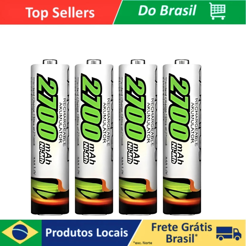 4 Pilhas Bateria Recarregáveis AAA 2700 Mah Durável