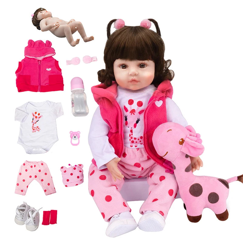 Boneca Bebê Reborn Girafa Menina 48cm Corpo de Silicone Com Brinquedo de Pelúcia Girafinha