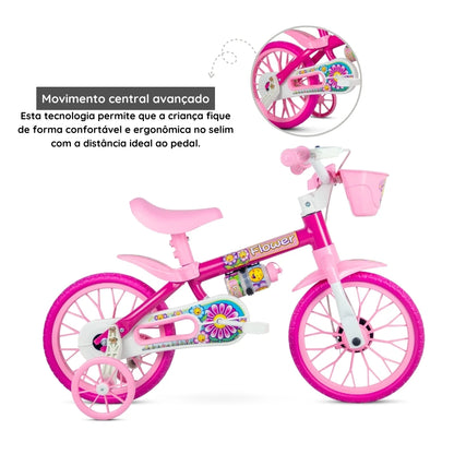 Bicicleta Infantil Nathor Flower Rosa Aro 12 – Com Cestinha e Garrafinha
