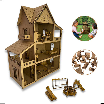 Casinha de Boneca com Móveis e Parque (MDF)